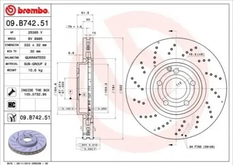Диск тормозной передн Лев/Прав MERCEDES CLS (C218), CLS SHOOTING BRAKE (X218) 2.2D-3.5 01.11-12.17 BREMBO 09B74251