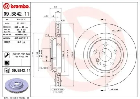 Диск гальмівний задн Лів/Прав MERCEDES S (C215), S (W220, V220) 5.5/5.8 03.99-03.06 BREMBO 09B84211
