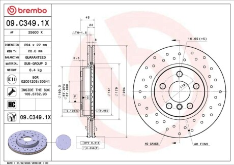 Диск тормозной (передний) BMW 2 (F45/F46) 14-(294x22) PRO (заменено на 92273105) BREMBO 09C3491X