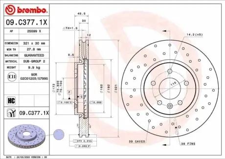 Диск гальмівний передн Лів/Прав OPEL ASTRA H, ASTRA J, ASTRA J GTC, CASCADA, ZAFIRA C 1.3D-2.0D 08.05 BREMBO 09C3771X