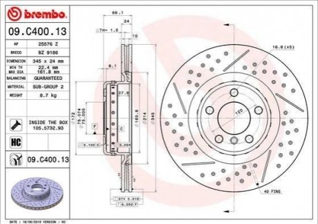 Диск гальмівний BMW 1 F20,21 tyі BREMBO 09C40013 (фото 1)