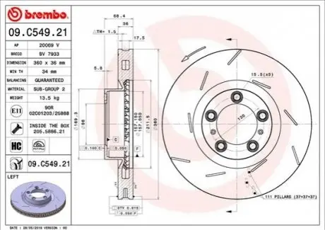 Тормозной диск передний левый BREMBO 09C54921
