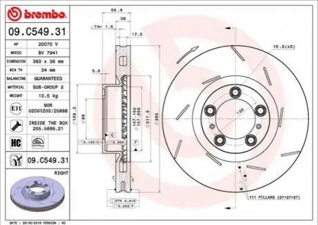 Тормозной диск передний правый BREMBO 09C54931