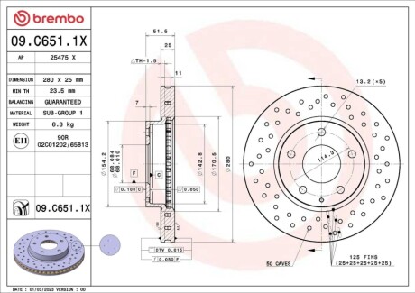 Диск тормозной (передний) Mazda 3 13-(280x25) (с покрытием) (вентилированный)) BREMBO 09C6511X