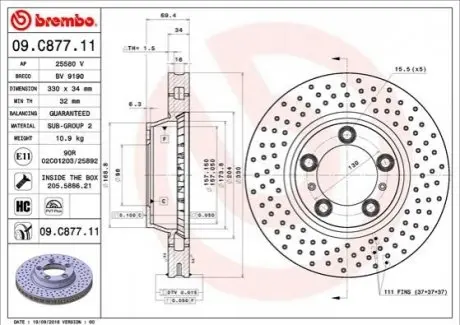 Диск гальмівний передн Лів/Прав PORSCHE 718 BOXSTER, 718 CAYMAN, 911, 911 TARGA 2.0-3.8 03.99 BREMBO 09C87711 Купити в Україні