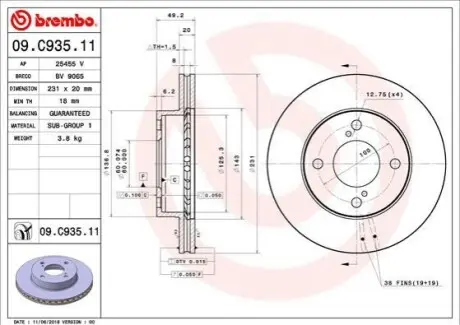 Диск гальмівний передн Лів/Прав SUZUKI CELERIO 1.0 03.14 BREMBO 09C93511