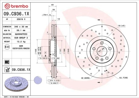 Диск гальмівний (передній) Volvo S60 III/S90 II/V60 II/ XC90 II 16- (345x30) PRO+ BREMBO 09C9361X