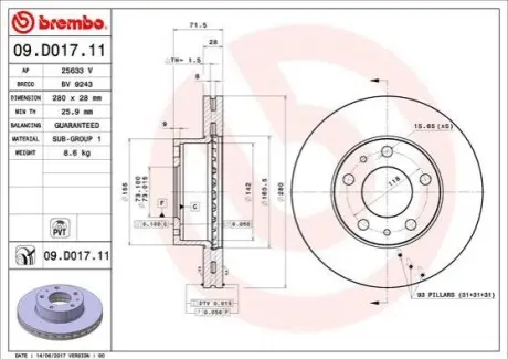 Тормозной диск BREMBO 09.D017.11