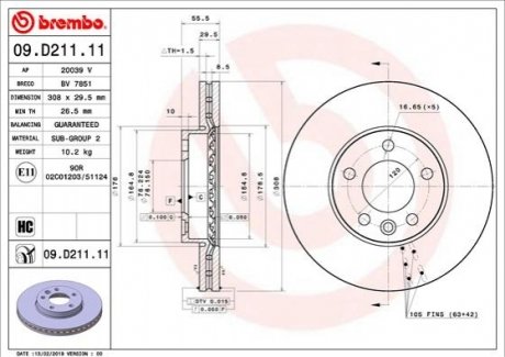 Диск тормозной передний BREMBO 09D21111 (фото 1)