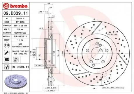 Диск гальмівний задн Лів/Прав MERCEDES AMG GT (X290), GLC (C253), GLC (X253) 3.0H/4.0 06.17 BREMBO 09D33911