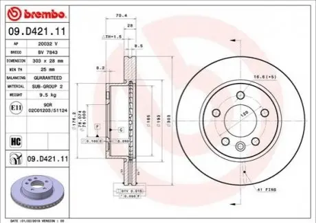 Диск гальмівний передн Лів/Прав MAN TGE VW CALIFORNIA T7 CAMPER, CRAFTER, GRAND CALIFORNIA CAMPER, MULTIVAN T7 1.4H-Electric 09.16 BREMBO 09D42111
