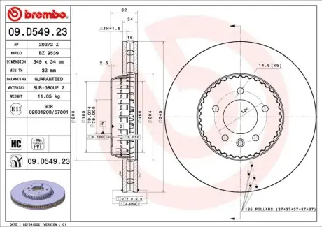 Диск гальмівний передн Лів/Прав LAND ROVER DEFENDER 2.0-5.0 09.19 BREMBO 09D54923