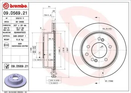 Диск гальмівний задн Лів/Прав SSANGYONG RODIUS I, RODIUS II, STAVIC 2.0D-3.2 05.05 BREMBO 09D56921