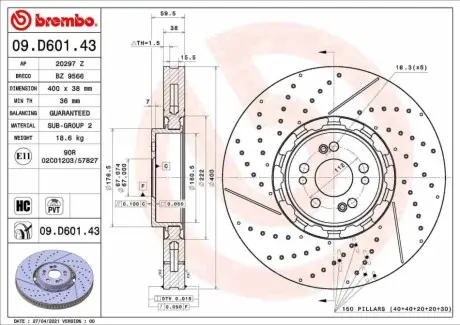 Диск гальмівний передн Лів/Прав MERCEDES GLE (C167), GLE (V167) 3.0H/4.0H 04.19 BREMBO 09D60143