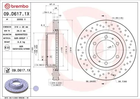 Диск гальмівний (передній) Toyota Hilux 06- (319x28) BREMBO 09D6171X