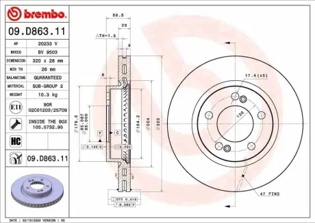 Диск гальмівний передн Лів/Прав SSANGYONG MUSSO, MUSSO GRAND, REXTON 2.0/2.2D 07.17 BREMBO 09D86311