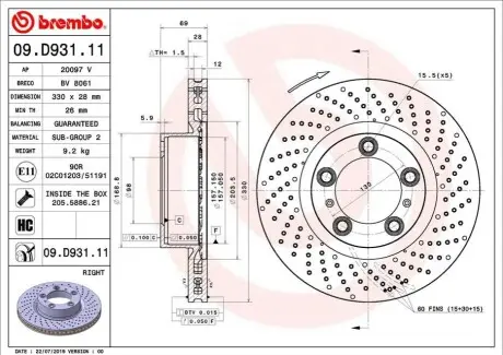 Диск гальмівний передн Прав PORSCHE 718 BOXSTER, 718 CAYMAN, 911, 911 TARGA, BOXSTER, CAYMAN 2.0-3.8 06.08 BREMBO 09D93111