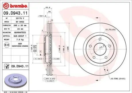 Диск гальмівний передн Лів/Прав NISSAN LEAF, QASHQAI II RENAULT KADJAR, KOLEOS II 1.2-Electric 11.10 BREMBO 09.D943.11