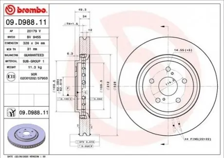 Диск гальмівний передн Лів/Прав LEXUS NX II, RX, RZ SUBARU SOLTERRA TOYOTA BZ4X, RAV 4 V 2.0-Electric 10.15 BREMBO 09.D988.11 Купити в Україні