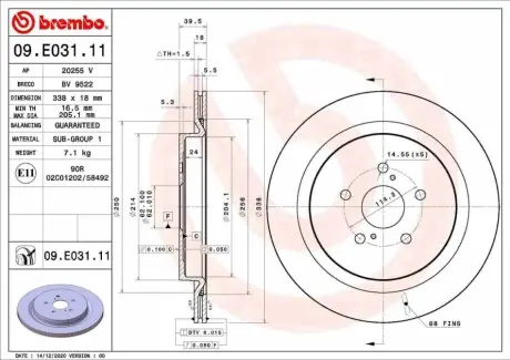 Диск гальмівний задн Лів/Прав LEXUS RX 2.0/3.5/3.5H 10.15 BREMBO 09E03111