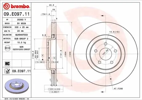 Диск гальмівний передн Лів/Прав FORD FOCUS III LINCOLN MKC 2.0/2.0D/2.3 07.12 BREMBO 09E09711