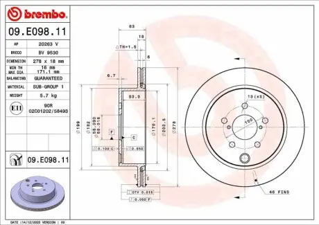 Диск гальмівний задн Лів/Прав SUBARU FORESTER 2.0/2.0D 03.13 BREMBO 09E09811