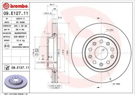 Диск гальмівний передн Лів/Прав JEEP GLADIATOR, WRANGLER IV 2.0-3.6 09.17 BREMBO 09E12711