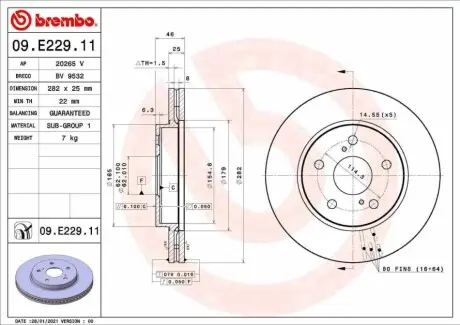Диск гальмівний (передній) Toyota Corolla 18- (282x25) BREMBO 09E22911