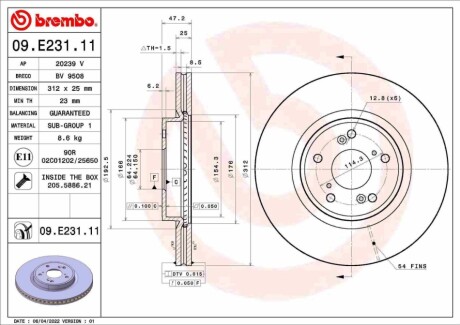 Диск тормозной передний BREMBO 09E23111 (фото 1)