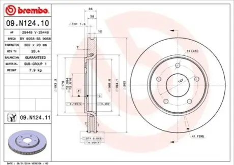 Диск тормозной FREEMONT G.VOYAGER 12- њr.302mm BREMBO 09N12411