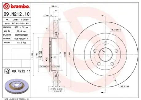 Диск гальмівний передн Лів/Прав JEEP GRAND CHEROKEE III 3.7/6.1 03.06-12.10 BREMBO 09N21211