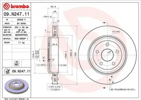 Диск гальмівний задн Лів/Прав JEEP GRAND CHEROKEE, GRAND CHEROKEE IV 3.0-6.4 11.10 BREMBO 09.N247.11 Купити в Україні