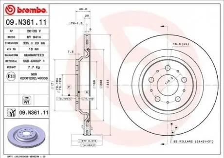 Диск гальмівний задн Лів/Прав TESLA MODEL 3 Electric 01.17 BREMBO 09.N361.11 Купити в Україні
