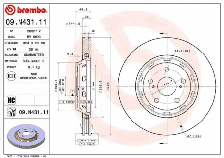 Диск тормозной BREMBO 09N43111 Купить в Украине