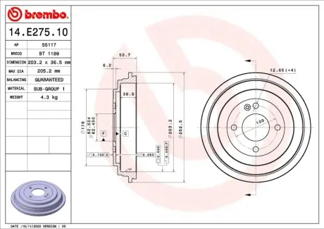 Гальмівний барабан задн HYUNDAI ACCENT IV, ACCENT V, I20 ACTIVE, I20 II, SOLARIS KIA RIO III, RIO IV, STONIC 1.0-1.6D 11.10 BREMBO 14E27510