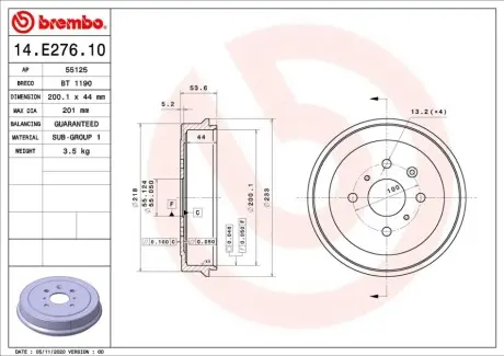 Гальмівний барабан задн CITROEN C1, C1 II PEUGEOT 107, 108 TOYOTA AYGO 1.0/1.2/1.4D 06.05 BREMBO 14E27610