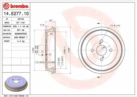 Гальмівний барабан задн TOYOTA YARIS, YARIS / VIOS 1.0-1.5 10.01-06.20 BREMBO 14E27710