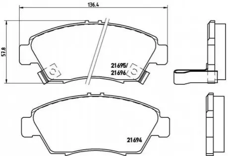 Комплект гальмівних колодок передн, HONDA CITY V, CIVIC V, CIVIC VI, CIVIC VII, CIVIC VIII, CRX III, INSIGHT, INTEGRA 1.3-2.0 10.91-08.14 BREMBO P28023