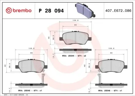 Комплект гальмівних колодок задн, HONDA CROSSROAD, STREAM 2.0 05.01-08.10 BREMBO P28094