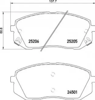Комплект гальмівних колодок передн (з шумопоглинаючою пластиною), HYUNDAI KONA, SONATA VI, SONATA VII, TUCSON KIA CEED, NIRO I, OPTIMA, PROCEED, SELTOS, SOUL II, SPORTAGE IV 1.0-Electric 06.09 BREMBO P30093