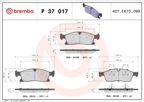 Комплект гальмівних колодок передн (без комплектуючих), DODGE DURANGO JEEP GRAND CHEROKEE, GRAND CHEROKEE IV 3.0-6.4 11.10 BREMBO P37017X