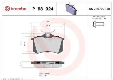 Комплект гальмівних колодок задн, AUDI A4 B5 CITROEN C3 AIRCROSS I, C3 AIRCROSS II, C3 II, C3 III, C3 ORIGIN III, C4 CACTUS NISSAN NOTE OPEL CROSSLAND X 1.0-Electric 11.94 BREMBO P68024X