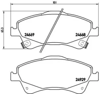 Комплект гальмівних колодок передн, TOYOTA AURIS, AVENSIS, COROLLA, VERSO 1.33-2.2D 10.06-10.18 BREMBO P83109X