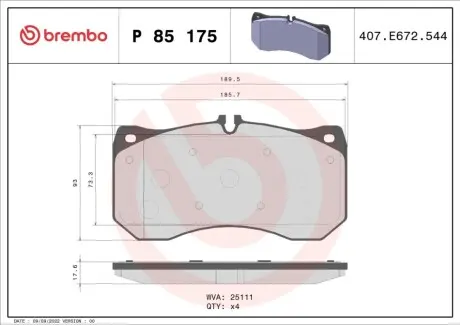 Тормозные колодки дисковые PRZOD BREMBO P85175
