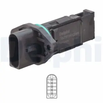 Витратомір повітря (5 pin, картрідж) AUDI A3, A4 B5, A4 B6, A4 B7, A6 C5 SEAT ALHAMBRA, IBIZA III, LEON, TOLEDO II SKODA FABIA I, FABIA I PRAKTIK, OCTAVIA I VW BORA, BORA I 1.4D-2.5D 09.95-12.10 Delphi AF1033412B1