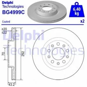 Гальмівний диск задн Лів/Прав ALFA ROMEO 159, GIULIA, STELVIO 1.9D-2.9 09.05 Delphi BG4999C