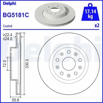 Гальмывний диск передн Лів/Прав JEEP WRANGLER IV 2.0/2.0H/2.2D 11.17 Delphi BG5181C Купити в Україні