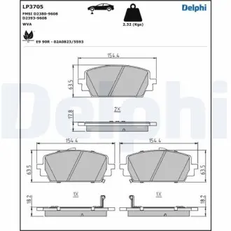 Комплект гальмівних колодок передн, HYUNDAI SANTA FE IV, SANTA FE V KIA SORENTO IV 1.6H/2.2D/2.5 03.20 Delphi LP3705 Купити в Україні