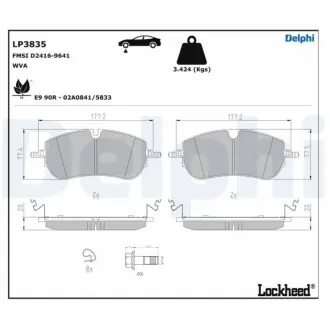 Комплект гальмівних колодок передн, JAGUAR E-PACE LAND ROVER DEFENDER, DISCOVERY IV, DISCOVERY SPORT, DISCOVERY V, RANGE ROVER EVOQUE, RANGE ROVER III, RANGE ROVER IV 1.5H-5.0 03.02 Delphi LP3835