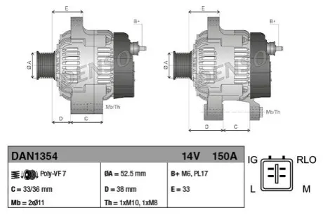 Генератор (14В, 150А, новий із заставою) LEXUS GS, IS C, IS II, IS III 2.5-5.0 04.05 Denso DAN1354 Купити в Україні